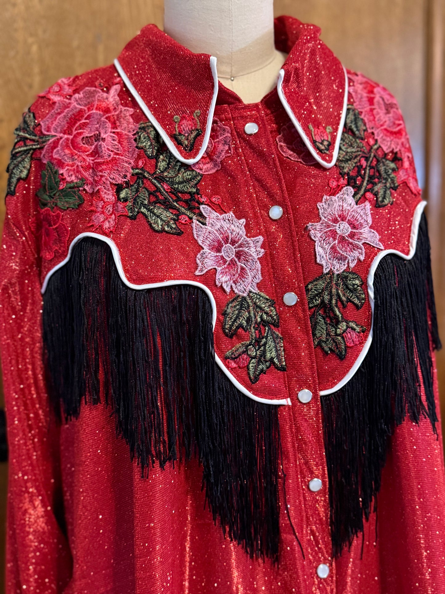 Lurex Pearl Snap Shirt With Floral Embroidery