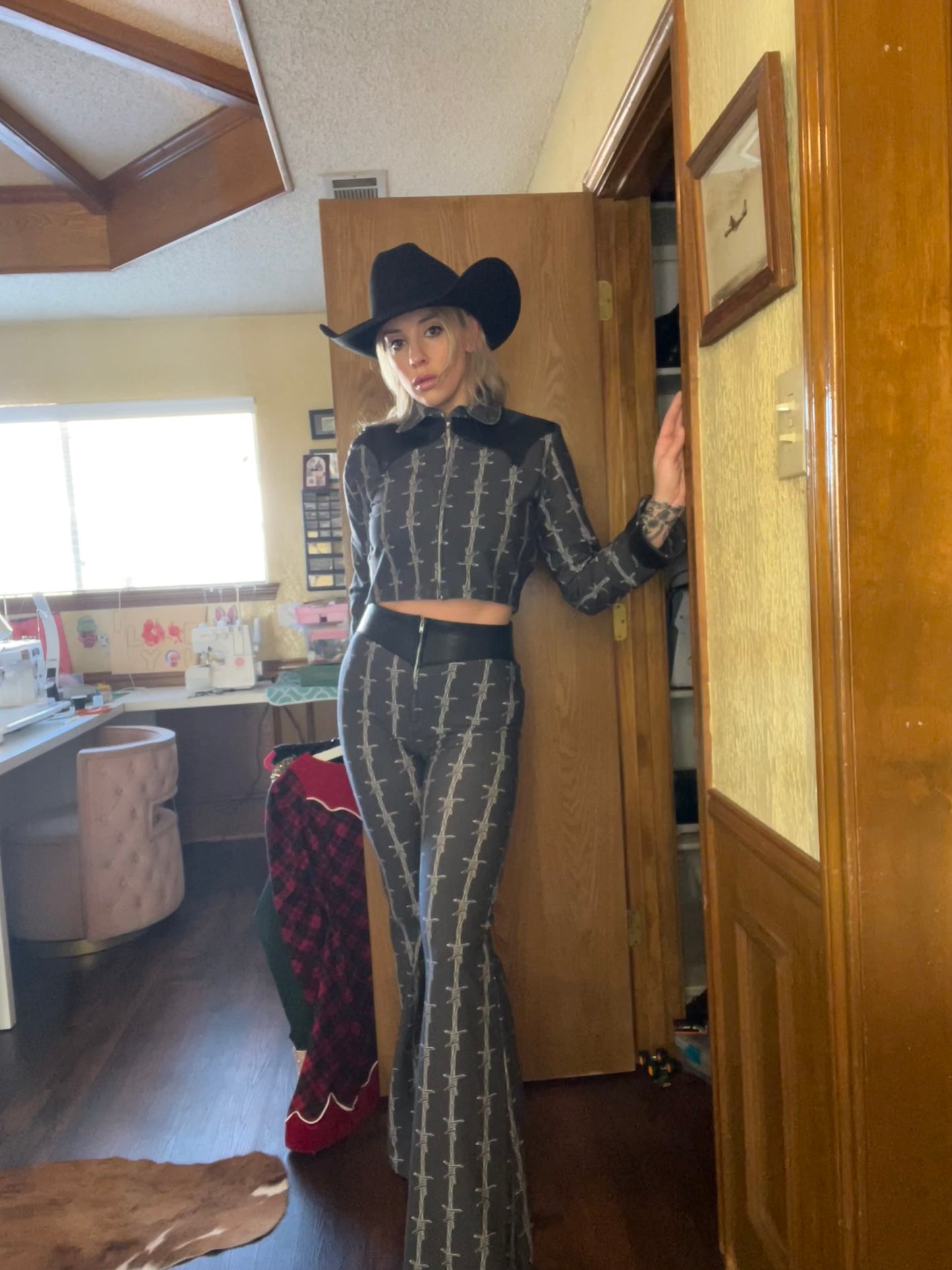 Barb Wire Leather Bell Bottom Pants