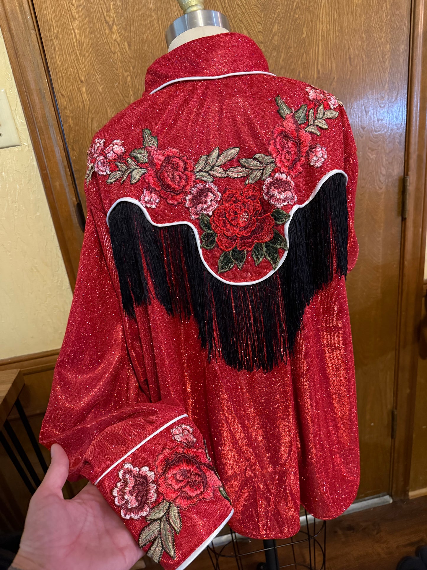 Lurex Pearl Snap Shirt With Floral Embroidery