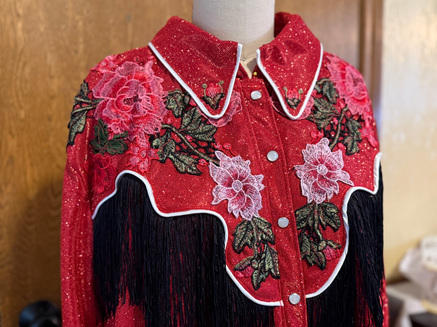 Lurex Pearl Snap Shirt With Floral Embroidery