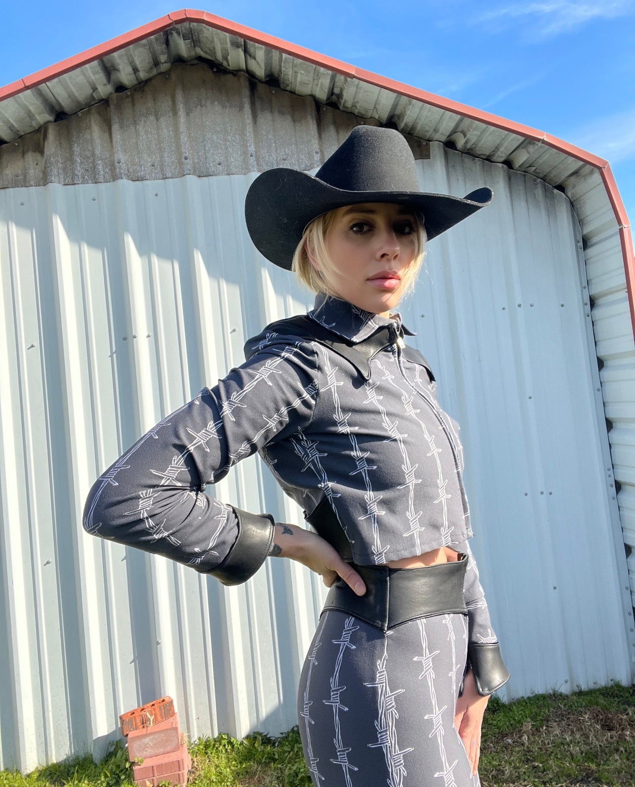 Barb Wire Leather Bell Bottom Pants