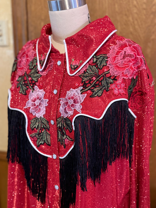 Lurex Pearl Snap Shirt With Floral Embroidery