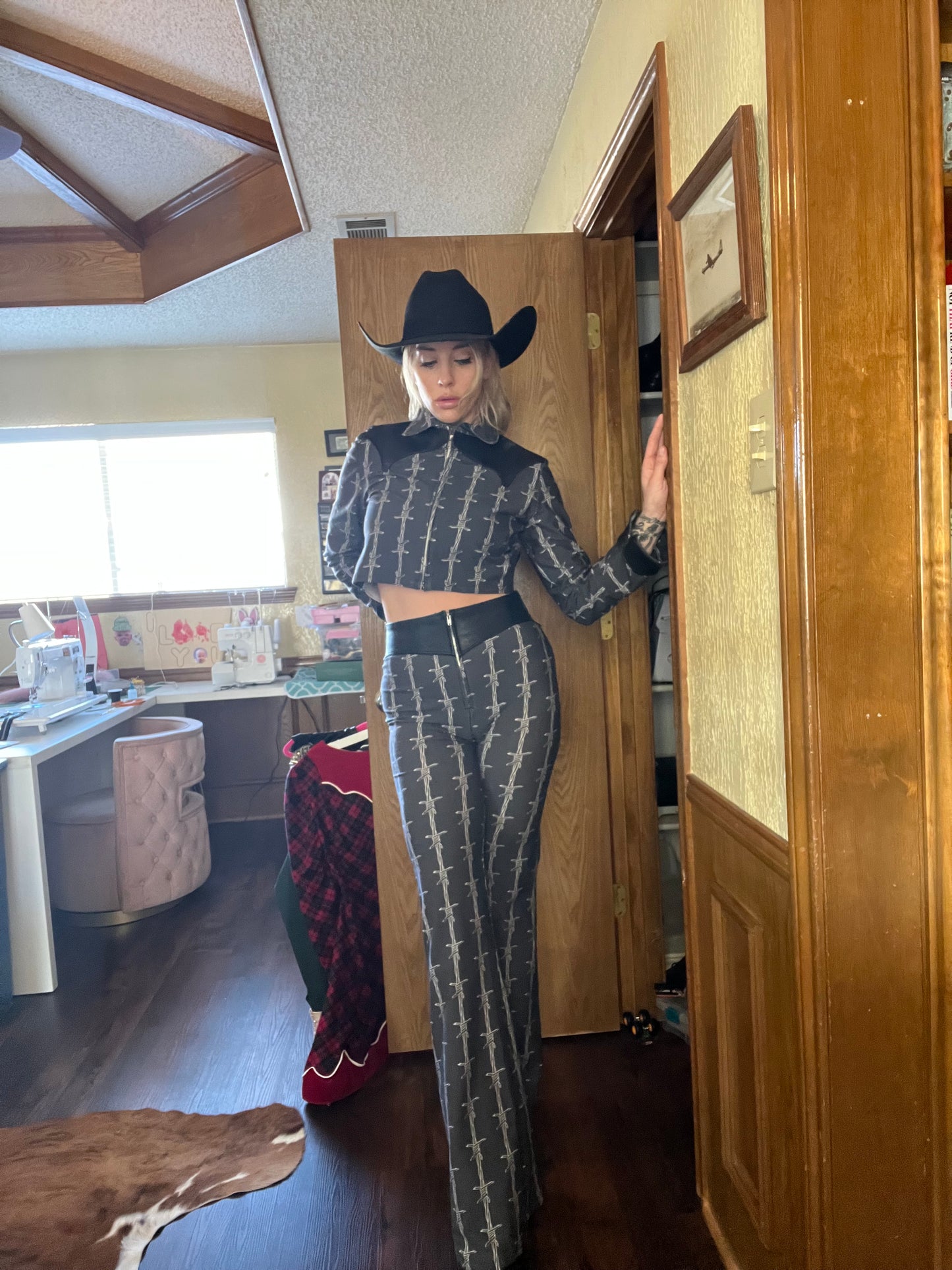 Barb Wire Leather Bell Bottom Pants