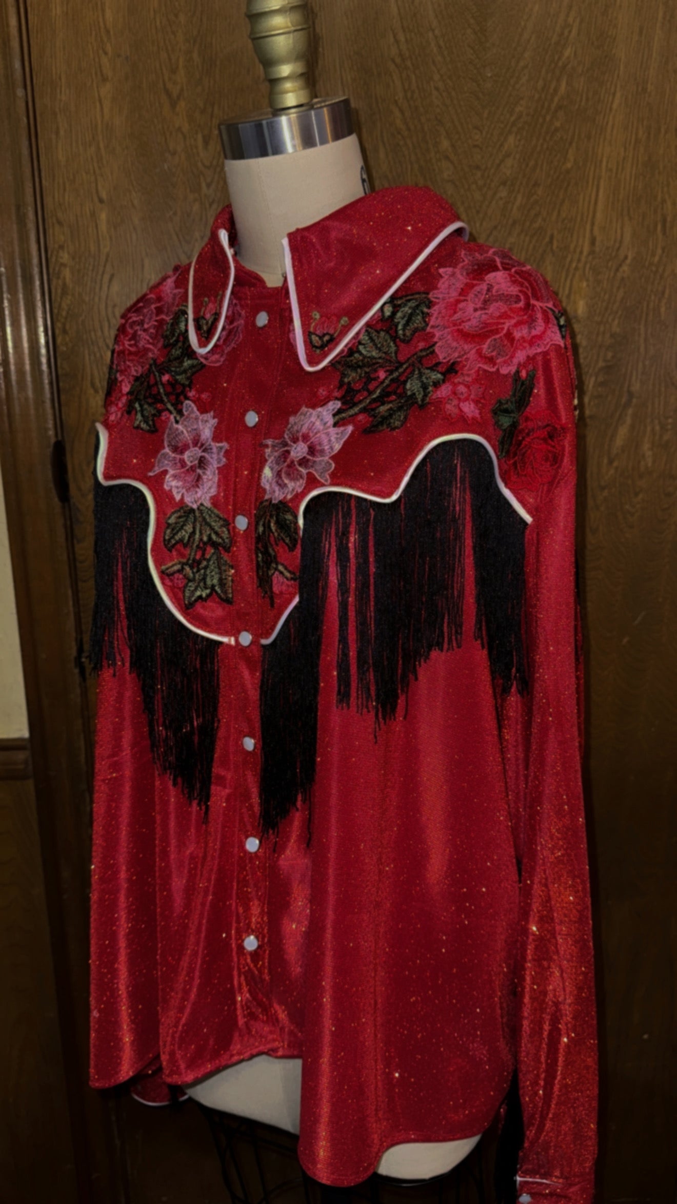 Lurex Pearl Snap Shirt With Floral Embroidery