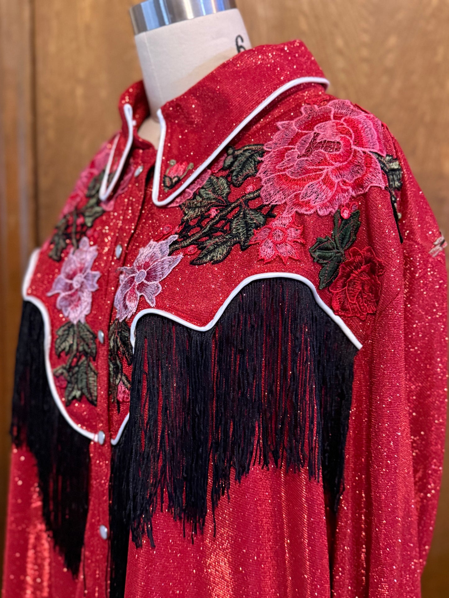 Lurex Pearl Snap Shirt With Floral Embroidery