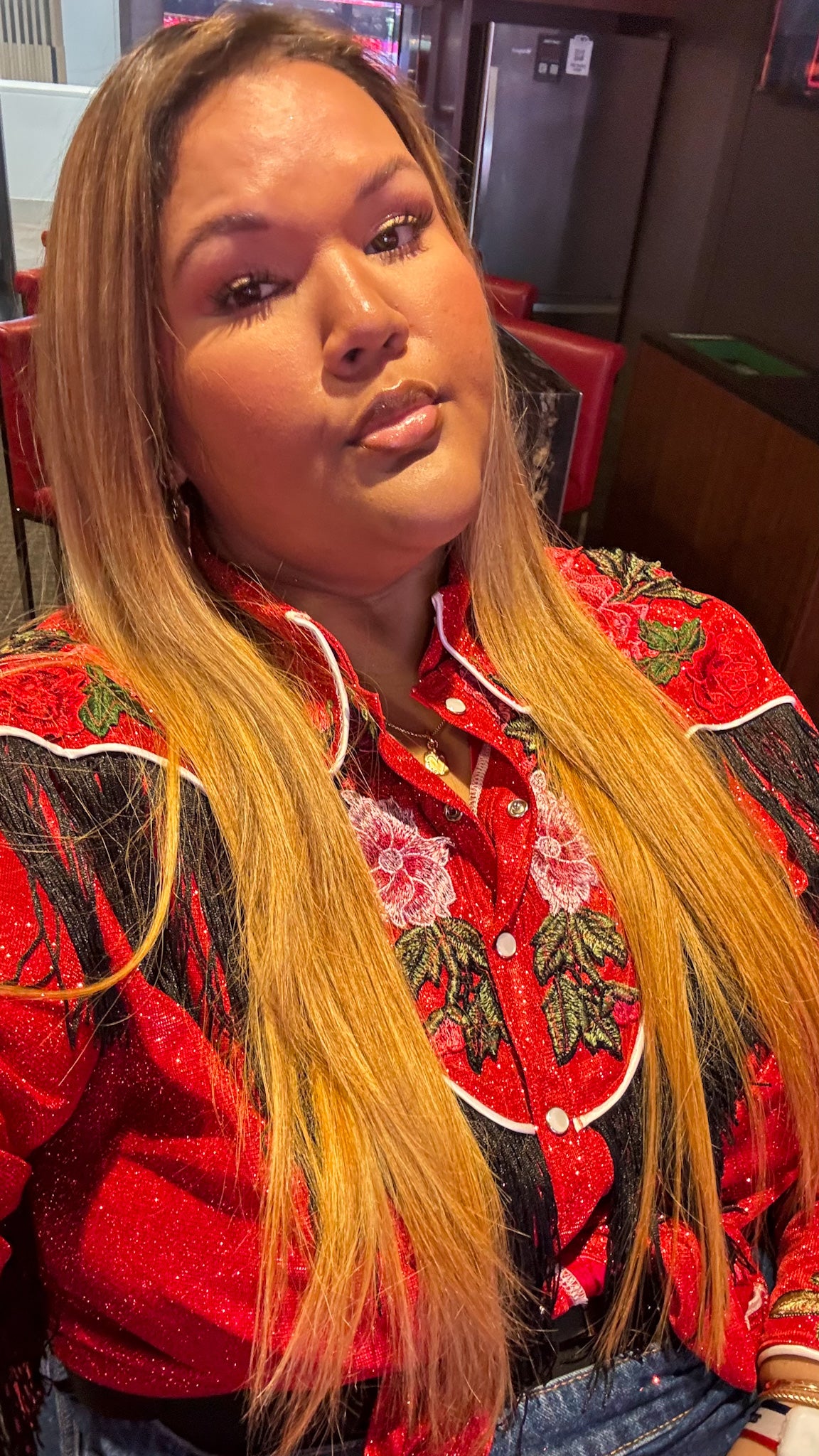 Lurex Pearl Snap Shirt With Floral Embroidery