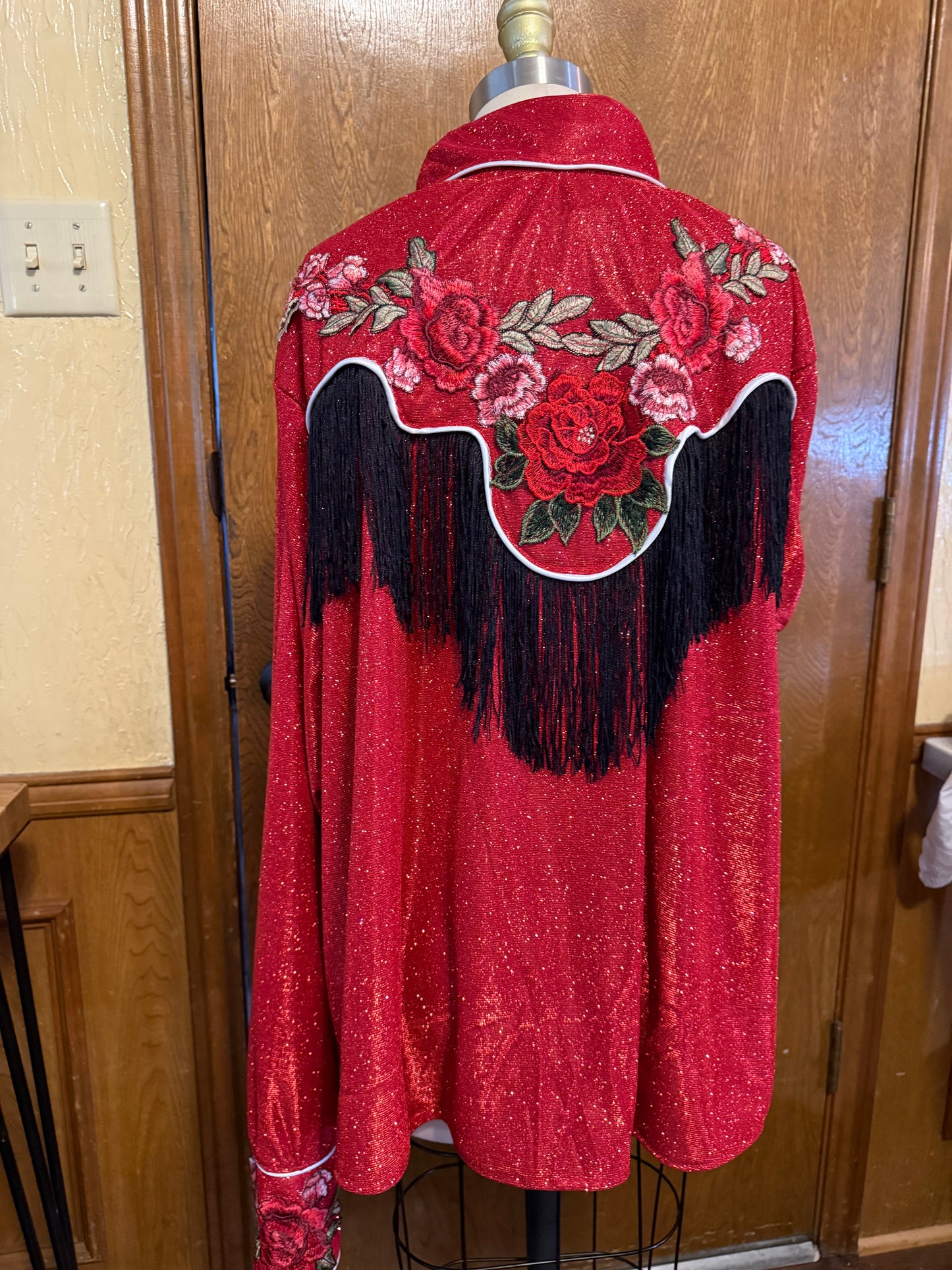 Lurex Pearl Snap Shirt With Floral Embroidery