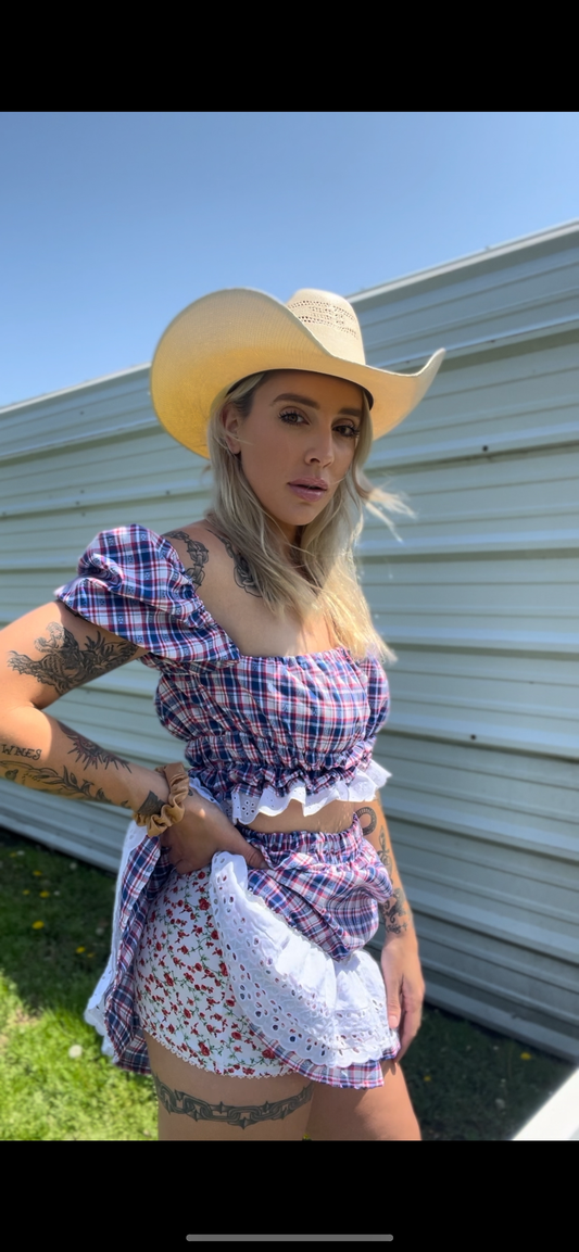 Prairie Skirt Set in Blue Gingham