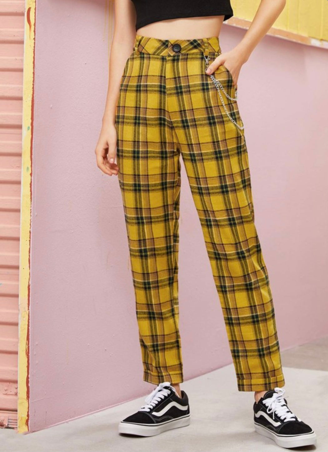 High Waisted Tartan Plaid Pants With Chain