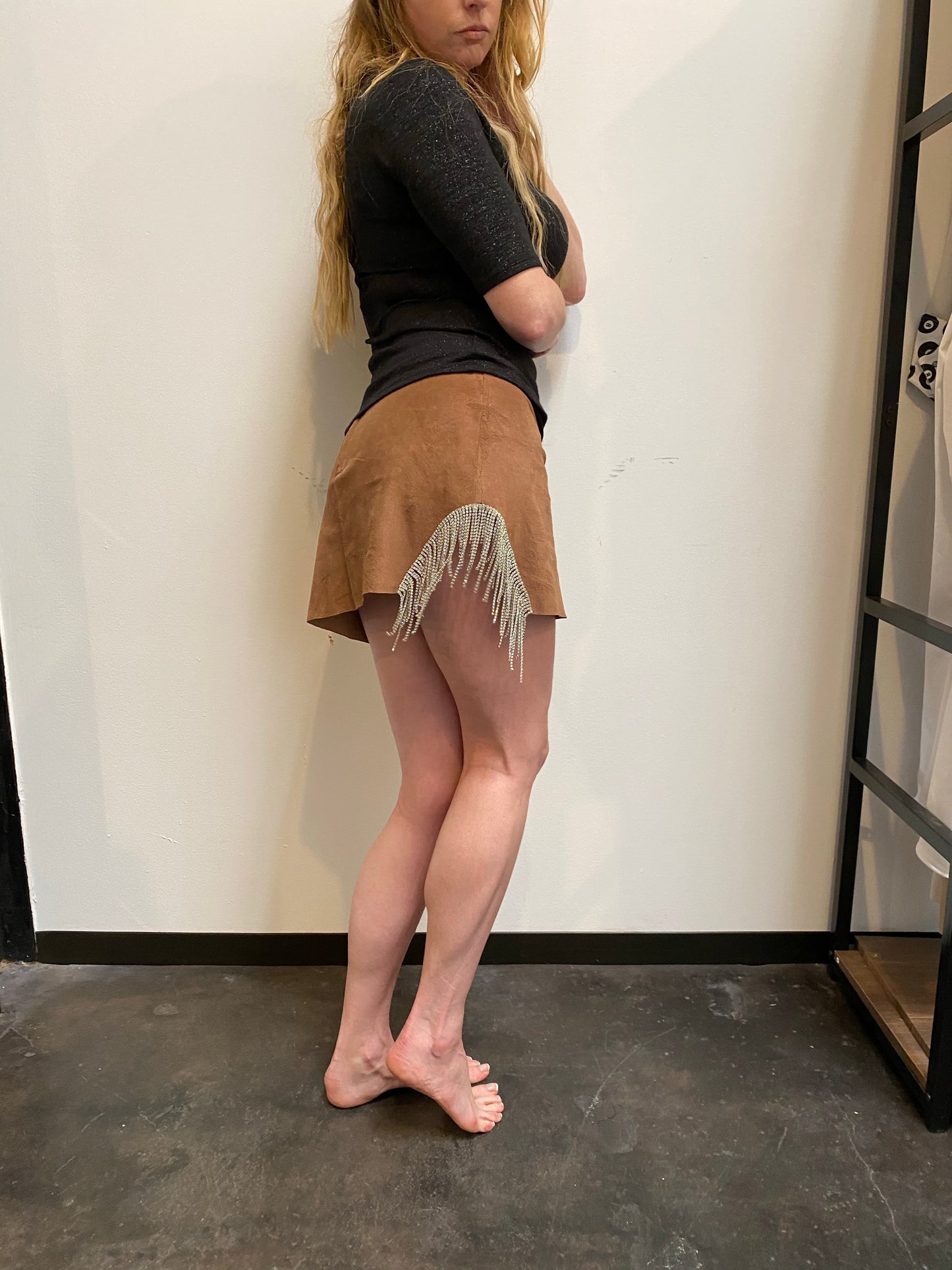 Tan Suede Rhinestone Mini Skirt
