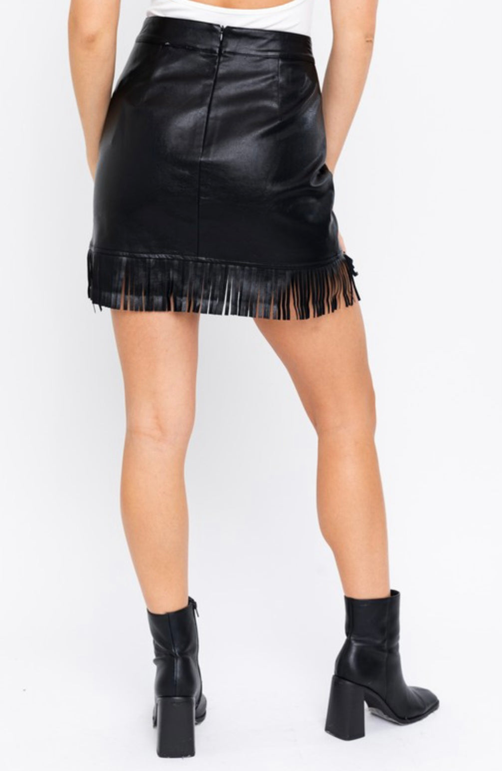 Vegan Leather Fringed Western Skirt