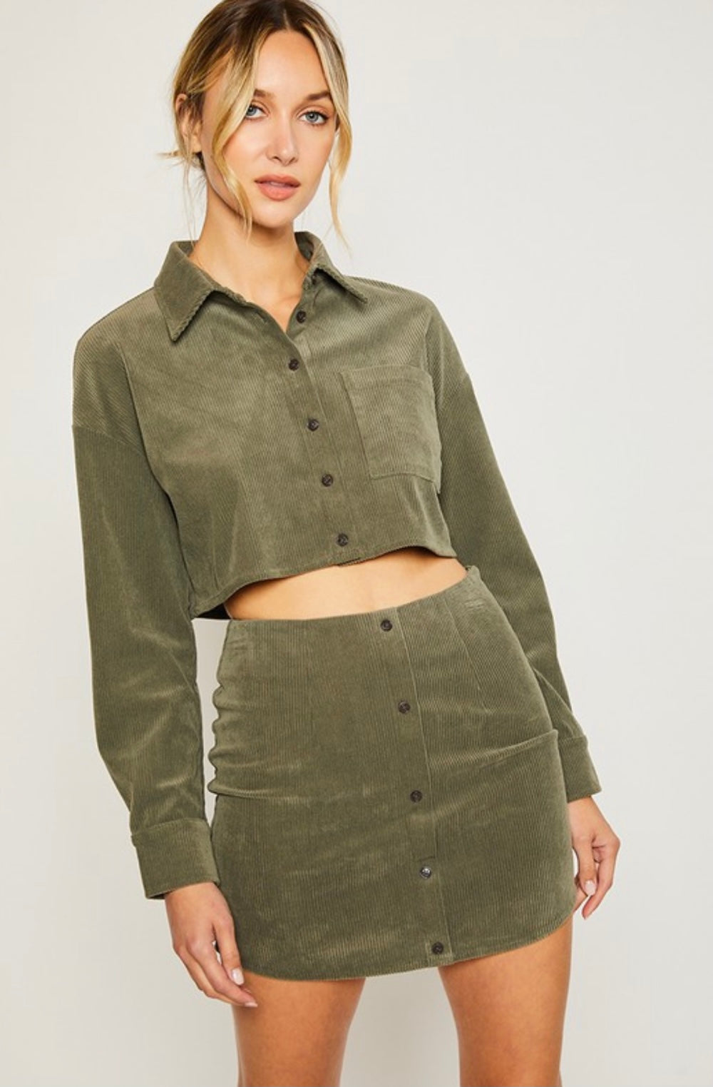 Olive Corduroy Button Down Mini Skirt